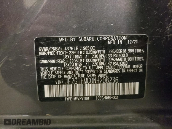 2022 Subaru Crosstrek Limited с VIN JF2GTHMC0NH208236, выставлен на аукционе Copart как лот 53241215 с пробегом 29 934 миль миль и Списание • Salvage title. История ставок и продаж доступна на DreamBid. Изображение 13.