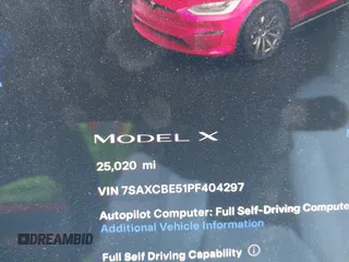 2023 Tesla Model X with VIN 7SAXCBE51PF404297, listed as a IAAI auction lot 41314595 with 25,020 mi miles and . Bid and sale history available at DreamBid. Image 15.
