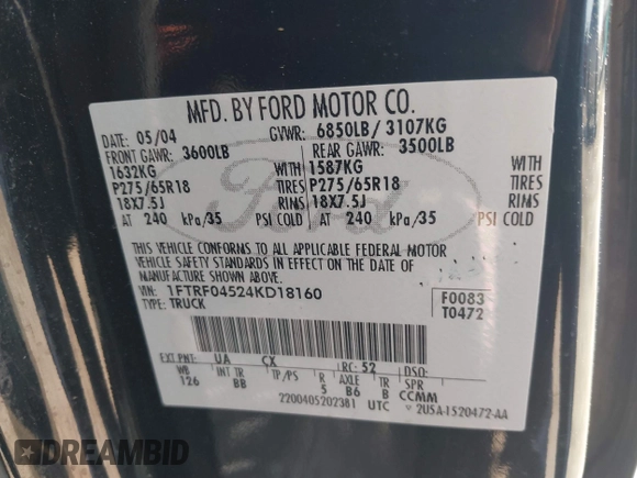 2004 Ford F-150 XLT z VIN 1FTRF04524KD18160, wystawiony jako IAAI lot #41774990 z przebiegiem 215 994 mil mil oraz . Historia ofert i sprzedaży dostępna na DreamBid. Obrazek 9.