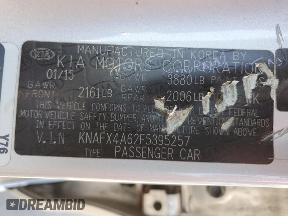 2015 Kia Forte LX with VIN KNAFX4A62F5395257, listed as a Copart auction lot 54106115 with 227,518 mi miles and Clean Title. Bid and sale history available at carsss.com. Image 12.