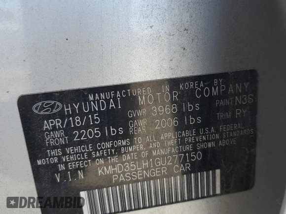 2016 Hyundai Elantra with VIN KMHD35LH1GU277150, listed as a Copart auction lot 70695764 with 120,656 mi miles and Salvage Title. Bid and sale history available at DreamBid. Image 12.