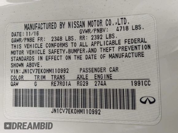 2017 Infiniti Q60 Premium with VIN JN1CV7EK0HM110992, listed as a IAAI auction lot 42561643 with 65,928 mi miles and . Bid and sale history available at DreamBid. Image 9.
