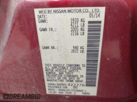 2014 Nissan Altima 2.5 with VIN 1N4AL3AP6EC422276, listed as a IAAI auction lot 41903972 with 170,295 mi miles. Bid and sale history available at carsss.com. Image 9.