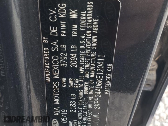 2019 Kia Forte LXS with VIN 3KPF24AD6KE120411, listed as a Copart auction lot 57106205 with 115,762 mi miles and Salvage title. Bid and sale history available at DreamBid. Image 12.
