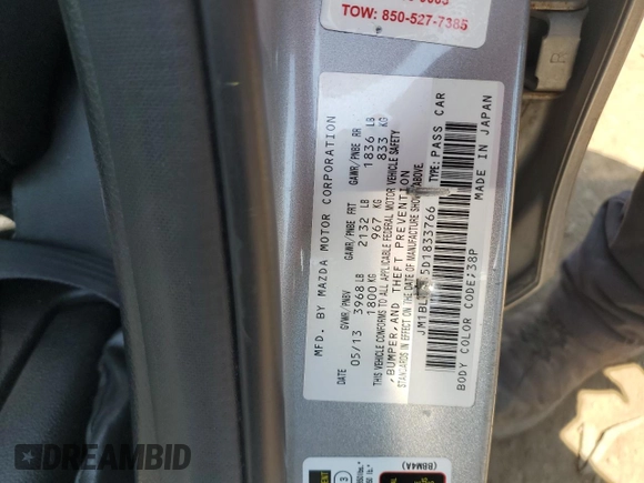 2013 Mazda 3 i SV with VIN JM1BL1TF5D1833766, listed as a Copart auction lot 56921475 with 148,084 mi miles and Salvage title. Bid and sale history available at DreamBid. Image 12.