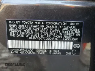 2012 Lexus ES with VIN JTHBK1EG7C2504440, listed as a Copart auction lot 50044775 with 255,978 mi miles and Salvage Title. Bid and sale history available at carsss.com. Image 14.