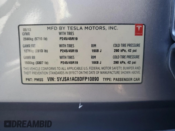 2013 Tesla Model S with VIN 5YJSA1AC8DFP10890, listed as a Copart auction lot 60735174 with 51,847 mi miles and Clean Title. Bid and sale history available at DreamBid. Image 12.
