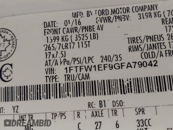 2016 Ford F-150 XLT with VIN 1FTFW1EF9GFA79042, listed as a IAAI auction lot 40942313 with 133,550 mi miles. Bid and sale history available at carsss.com. Image 9.
