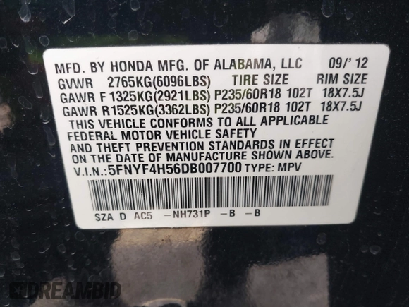 2013 Honda Pilot EX-L with VIN 5FNYF4H56DB007700, listed as a IAAI auction lot 41696288 with 167,658 mi miles. Bid and sale history available at carsss.com. Image 9.