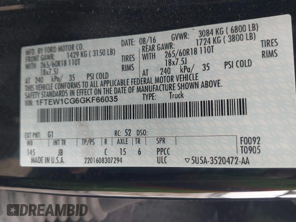 2016 Ford F-150 XL with VIN 1FTEW1CG6GKF66035, listed as a IAAI auction lot 42323696 with 117,057 mi miles and . Bid and sale history available at DreamBid. Image 9.
