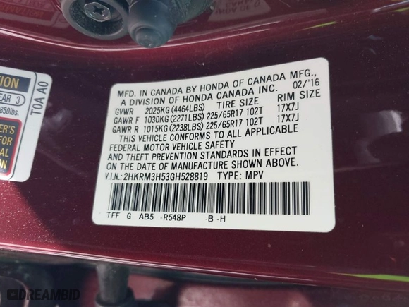 2016 Honda CR-V EX with VIN 2HKRM3H53GH528819, listed as a IAAI auction lot 41894002 with 141,991 mi miles. Bid and sale history available at carsss.com. Image 9.