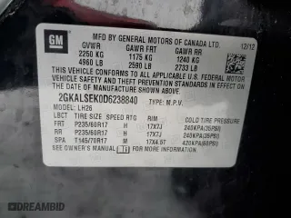 2013 GMC Terrain SLE with VIN 2GKALSEK0D6238840, listed as a Copart auction lot 85993004 with 147,717 mi miles and Salvage Title. Bid and sale history available at carsss.com. Image 12.