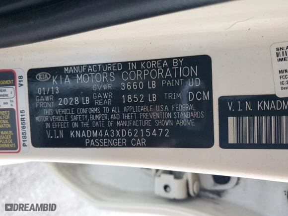 2013 Kia Rio LX with VIN KNADM4A3XD6215472, listed as a Copart auction lot 42433005 with 109042 miles and Salvage Title. Bid and sale history available at carsss.com. Image 12.
