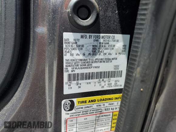2013 Ford Expedition Limited z VIN 1FMJU2A50DEF11632, wystawiony jako Copart lot #55976345 z przebiegiem 176 168 mil mil oraz Szkoda całkowita • Salvage title. Historia ofert i sprzedaży dostępna na DreamBid. Obrazek 13.