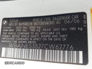 2007 BMW 5 Series 525i with VIN WBANE53527CW62776, listed as a IAAI auction lot 41870614 with 180,886 mi miles and . Bid and sale history available at carsss.com. Image 9.