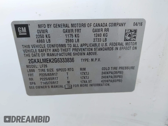 2016 GMC Terrain SLE with VIN 2GKALMEK2G6333836, listed as a IAAI auction lot 40810413 with 35,292 mi miles and . Bid and sale history available at carsss.com. Image 9.