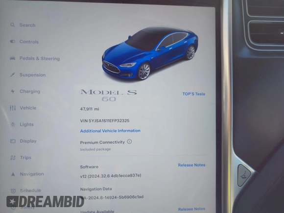 2014 Tesla Model S 60 с VIN 5YJSA1S11EFP32325, выставлен на аукционе IAAI как лот 40823219 с пробегом 47 911 миль миль и . История ставок и продаж доступна на DreamBid. Изображение 7.