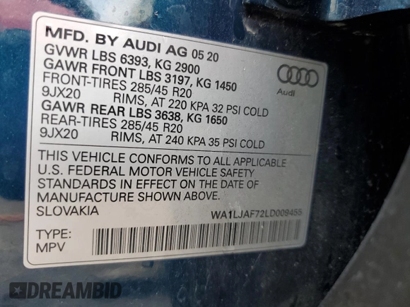 2020 Audi Q7 Premium Plus with VIN WA1LJAF72LD009455, listed as a Copart auction lot 59752025 with Not provided miles and Non repairable. Bid and sale history available at DreamBid. Image 14.