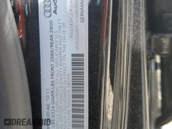 2012 Audi A7 Prestige with VIN WAU2GAFC1CN069845, listed as a Copart auction lot 55903315 with 79,485 mi miles and Salvage title. Bid and sale history available at DreamBid. Image 12.