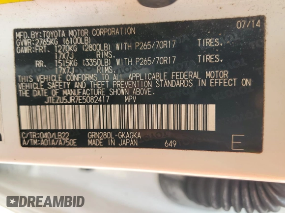 2014 Toyota 4Runner SR5 z VIN JTEZU5JR7E5082417, wystawiony jako Copart lot #56503895 z przebiegiem 256 355 mil mil oraz Szkoda całkowita • Salvage title. Historia ofert i sprzedaży dostępna na DreamBid. Obrazek 13.