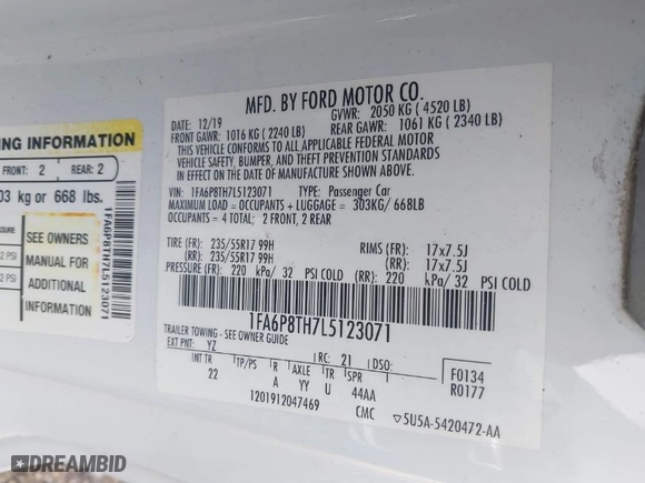 2020 Ford Mustang EcoBoost with VIN 1FA6P8TH7L5123071, listed as a IAAI auction lot 41120267 with 90,322 mi miles. Bid and sale history available at carsss.com. Image 9.