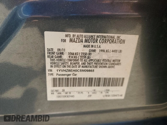 2012 Mazda 6 i Touring Plus with VIN 1YVHZ8EH0C5M09865, listed as a Copart auction lot 50578895 with 178,112 mi miles and Salvage Title. Bid and sale history available at carsss.com. Image 14.