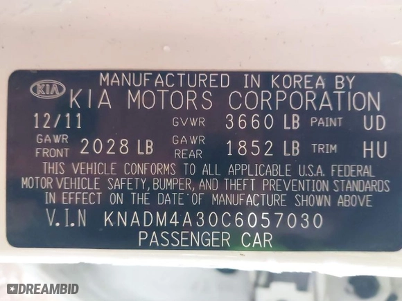 2012 Kia Rio LX with VIN KNADM4A30C6057030, listed as a IAAI auction lot 41570745 with 153,231 mi miles. Bid and sale history available at carsss.com. Image 9.