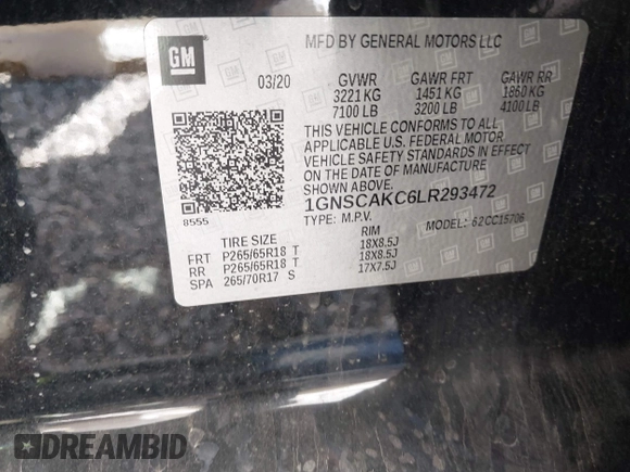 2020 Chevrolet Tahoe LS with VIN 1GNSCAKC6LR293472, listed as a IAAI auction lot 42014584 with 56,549 mi miles and . Bid and sale history available at DreamBid. Image 9.
