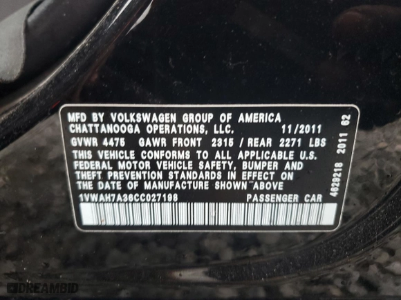 2012 Volkswagen Passat S w/Appearance with VIN 1VWAH7A36CC027198, listed as a Copart auction lot 86751154 with 0 mi miles and Salvage Title. Bid and sale history available at carsss.com. Image 12.