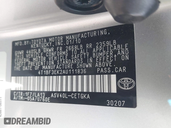 2010 Toyota Camry with VIN 4T1BF3EK2AU111836, listed as a IAAI auction lot 41822991 with 133,181 mi miles and . Bid and sale history available at DreamBid. Image 9.