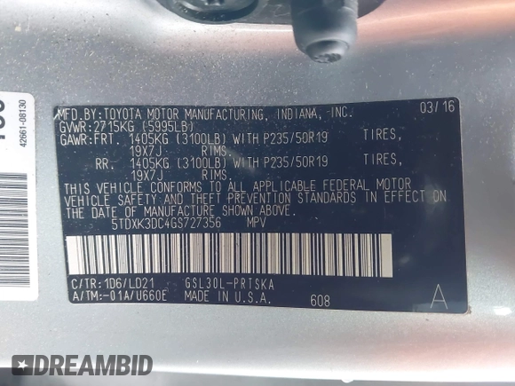 2016 Toyota Sienna SE with VIN 5TDXK3DC4GS727356, listed as a IAAI auction lot 41716236 with 225,140 mi miles and . Bid and sale history available at DreamBid. Image 9.