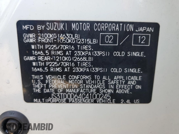 2012 Suzuki Grand Vitara Premium z VIN JS3TD0D64C4100245, wystawiony jako Copart lot #71365134 z przebiegiem 100 501 mil mil oraz Szkoda całkowita • Salvage title. Historia ofert i sprzedaży dostępna na DreamBid. Obrazek 13.