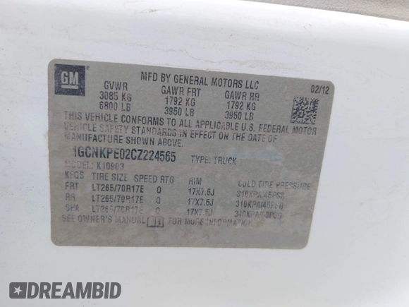 2012 Chevrolet Silverado 1500 Work Truck with VIN 1GCNKPE02CZ224565, listed as a IAAI auction lot 42223126 with 63,025 mi miles and . Bid and sale history available at DreamBid. Image 9.