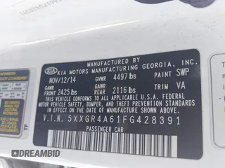 2015 Kia Optima SXL Turbo with VIN 5XXGR4A61FG428391, listed as a IAAI auction lot 41869452 with 63,130 mi miles and . Bid and sale history available at DreamBid. Image 9.