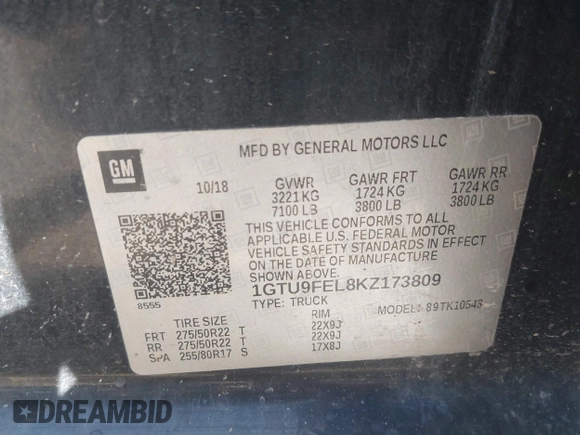 2019 GMC Sierra 1500 Denali z VIN 1GTU9FEL8KZ173809, wystawiony jako IAAI lot #42363300 z przebiegiem 75 425 mil mil oraz . Historia ofert i sprzedaży dostępna na DreamBid. Obrazek 9.