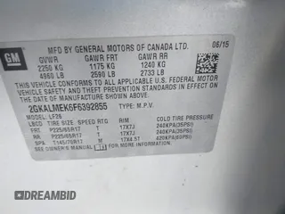 2015 GMC Terrain SLE with VIN 2GKALMEK6F6392855, listed as a IAAI auction lot 41209733 with 98,910 mi miles and . Bid and sale history available at DreamBid. Image 9.
