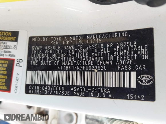 2015 Toyota Camry XLE with VIN 4T1BF1FK7FU023620, listed as a IAAI auction lot 40901262 with 122,968 mi miles. Bid and sale history available at carsss.com. Image 9.