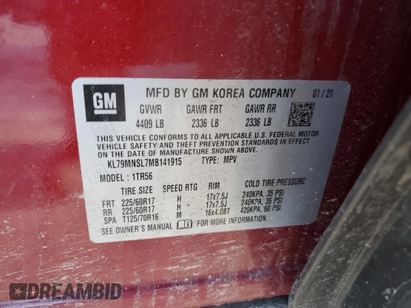 2021 Chevrolet TrailBlazer LS with VIN KL79MNSL7MB141915, listed as a Copart auction lot 45968164 with Not Provided miles and . Bid and sale history available at DreamBid. Image 12.