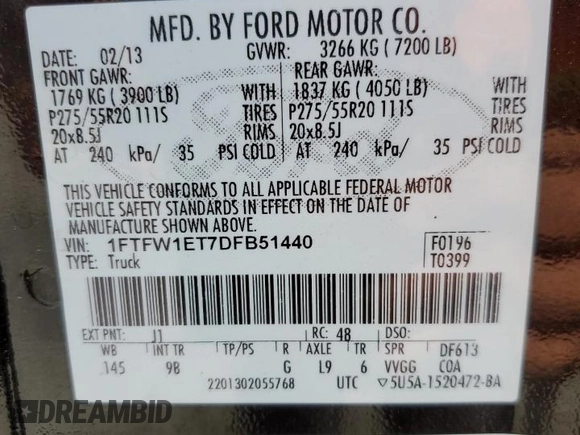 2013 Ford F-150 XL с VIN 1FTFW1ET7DFB51440, выставлен на аукционе Copart как лот 52802605 с пробегом 180 137 миль миль и Списание • Salvage title. История ставок и продаж доступна на DreamBid. Изображение 12.