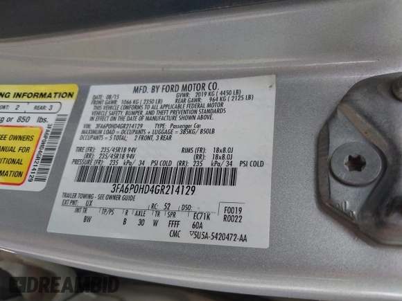 2016 Ford Fusion SE with VIN 3FA6P0HD4GR214129, listed as a IAAI auction lot 42131138 with 95,219 mi miles and . Bid and sale history available at DreamBid. Image 9.