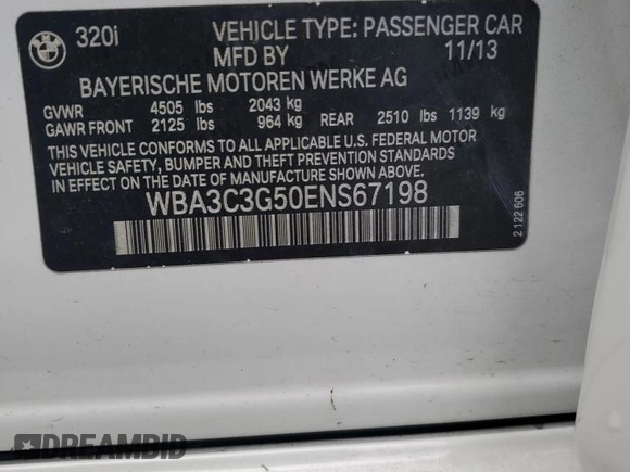 2014 BMW 3 Series 320i xDrive with VIN WBA3C3G50ENS67198, listed as a Copart auction lot 61654205 with 86,126 mi miles and Salvage title. Bid and sale history available at DreamBid. Image 12.