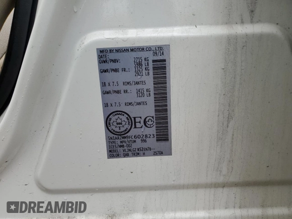 2015 Nissan Pathfinder Platinum z VIN 5N1AR2MM9FC602823, wystawiony jako Copart lot #56678085 z przebiegiem 342 063 mil mil oraz Szkoda całkowita • Salvage title. Historia ofert i sprzedaży dostępna na DreamBid. Obrazek 14.