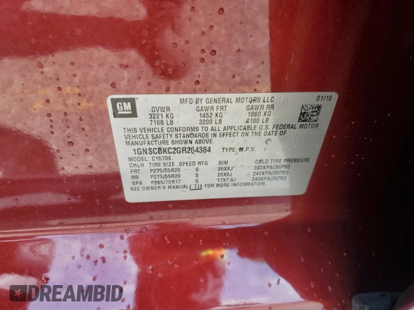 2016 Chevrolet Tahoe LT with VIN 1GNSCBKC2GR264384, listed as a Copart auction lot 60253235 with 184,796 mi miles and Salvage title. Bid and sale history available at DreamBid. Image 14.