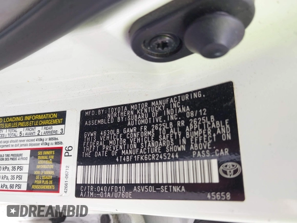 2012 Toyota Camry L with VIN 4T4BF1FK6CR245244, listed as a IAAI auction lot 42094960 with 178,301 mi miles. Bid and sale history available at carsss.com. Image 9.