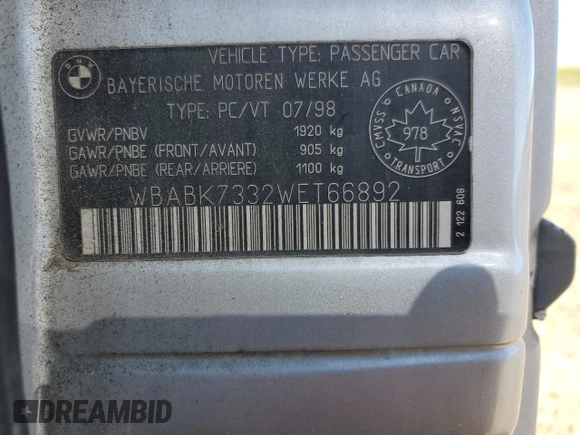 1998 BMW 3 Series 328ic with VIN WBABK7332WET66892, listed as a Copart auction lot 88517365 with 237,178 mi miles and Salvage Title. Bid and sale history available at carsss.com. Image 12.