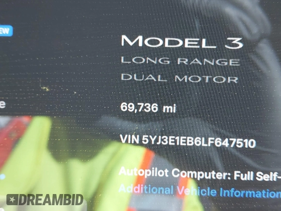 2020 Tesla Model 3 Long Range with VIN 5YJ3E1EB6LF647510, listed as a IAAI auction lot 41692902 with 69,736 mi miles. Bid and sale history available at carsss.com. Image 16.