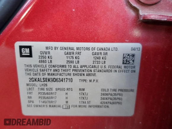 2013 GMC Terrain SLE with VIN 2GKALSEK9D6341710, listed as a Copart auction lot 82027344 with 147,486 mi miles and Salvage title. Bid and sale history available at DreamBid. Image 13.