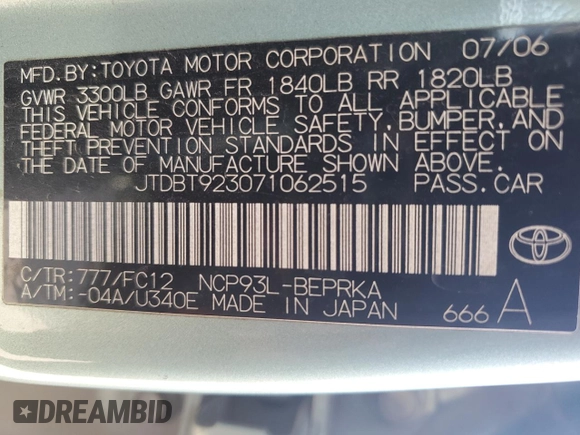2007 Toyota Yaris with VIN JTDBT923071062515, listed as a Copart auction lot 50231985 with 209,838 mi miles and Salvage Title. Bid and sale history available at DreamBid. Image 12.