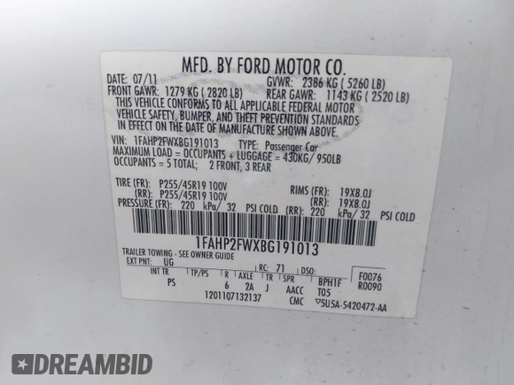 2011 Ford Taurus Limited with VIN 1FAHP2FWXBG191013, listed as a IAAI auction lot 42655283 with 164,797 mi miles and . Bid and sale history available at DreamBid. Image 9.