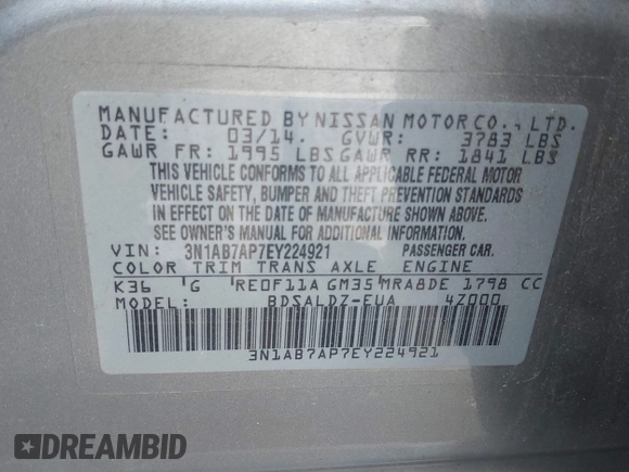 2014 Nissan Sentra SV with VIN 3N1AB7AP7EY224921, listed as a IAAI auction lot 42727113 with 143,413 mi miles and . Bid and sale history available at DreamBid. Image 9.